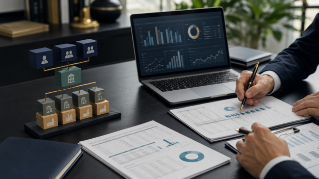 Private equity fund managers reviewing financial reports and investment performance dashboards, with a fund structure model illustrating investors, fund entities, and portfolio companies.